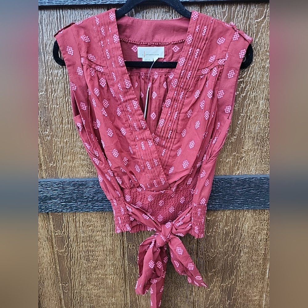 Anthropologie NWT $90 Burgundy Pink Faux Wrap Cap Sleeve Blouse XS